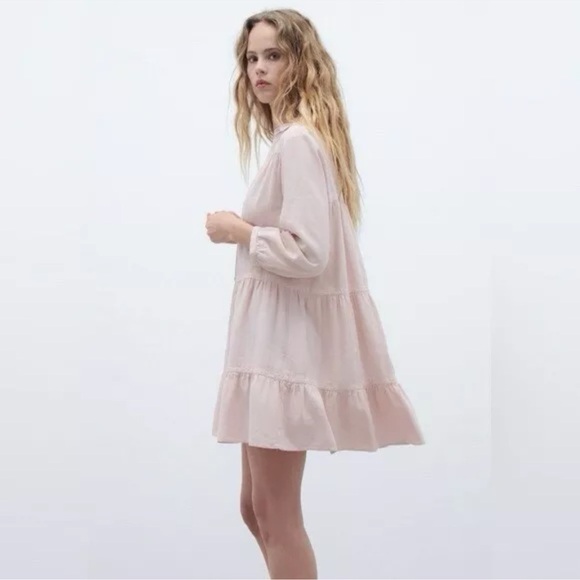 Zara Dresses & Skirts - ZARA Linen Blend Pink Pastel Tiered Babydoll Button Collared Neckline Mini Dress
